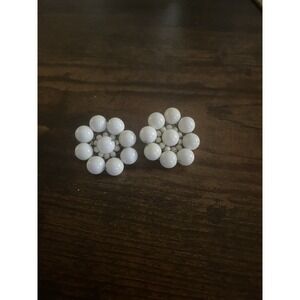 Vintage Japan White Beaded Cluster Clip On Earrings